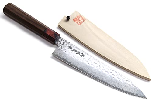 YOSHIHIRO NSW 46 layers Hammered Damascus Gyuto Japanese Chefs Knife 8.25 inch(210mm) Shitan Handle with Magnolia Saya Cover