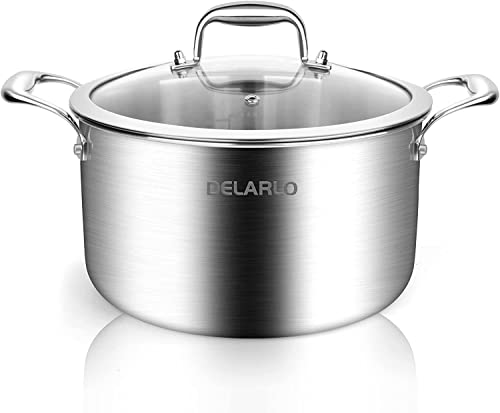 Stainless Steel Stock Pot Induction Ready - 5QT DELARLO Cooking Pot 18/8 Food Grade Tri-ply Stainless Steel, Durable Soup Pot Stew Simmering Pot with Glass Lid Suitable for All stoves, Dishwasher-Safe