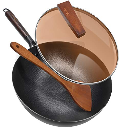 Carbon Steel Wok Pan with Lid & Wood Spatula, Aneder 12.5' Cast Iron Stir Fry Pan with Flat Bottom and Wooden Handle for Electric, Induction and Gas Stoves