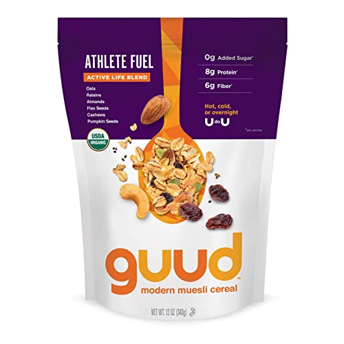 GUUD Athlete Fuel Active Life Blend Organic Muesli Cereal, 12 Ounce, Oats, Raisins, Almonds, Flax Seeds, Cashews, Pumpkin Seeds, Vegan, Non-GMO Certified, Kosher