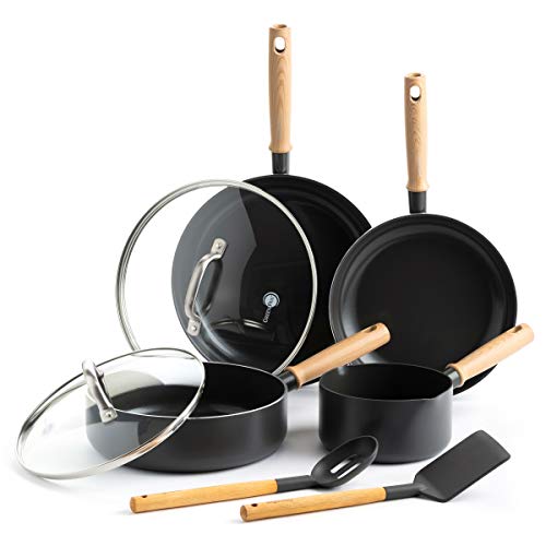 GreenPan Hudson Healthy Ceramic Nonstick, 8 Piece Cookware Pots and Pans Set, Wood Inspired Handle, PFAS-Free, Dishwasher Safe, Black