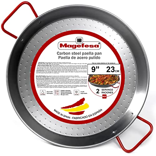 Magefesa® Carbon - paella pan 9 in - 23 cm and 1 Servings, made in Carbon Steel, with dimples for greater resistance and lightness, ideal for cooking outdoors, cook your own Valencian paella